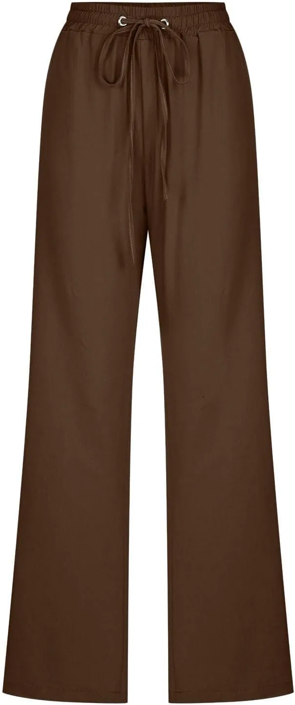 Lmdudan Cotton Linen Pants Women Summer Loose Straight Leg Pants Casual Drawstring Elastic Waist Beach Trousers with Pockets