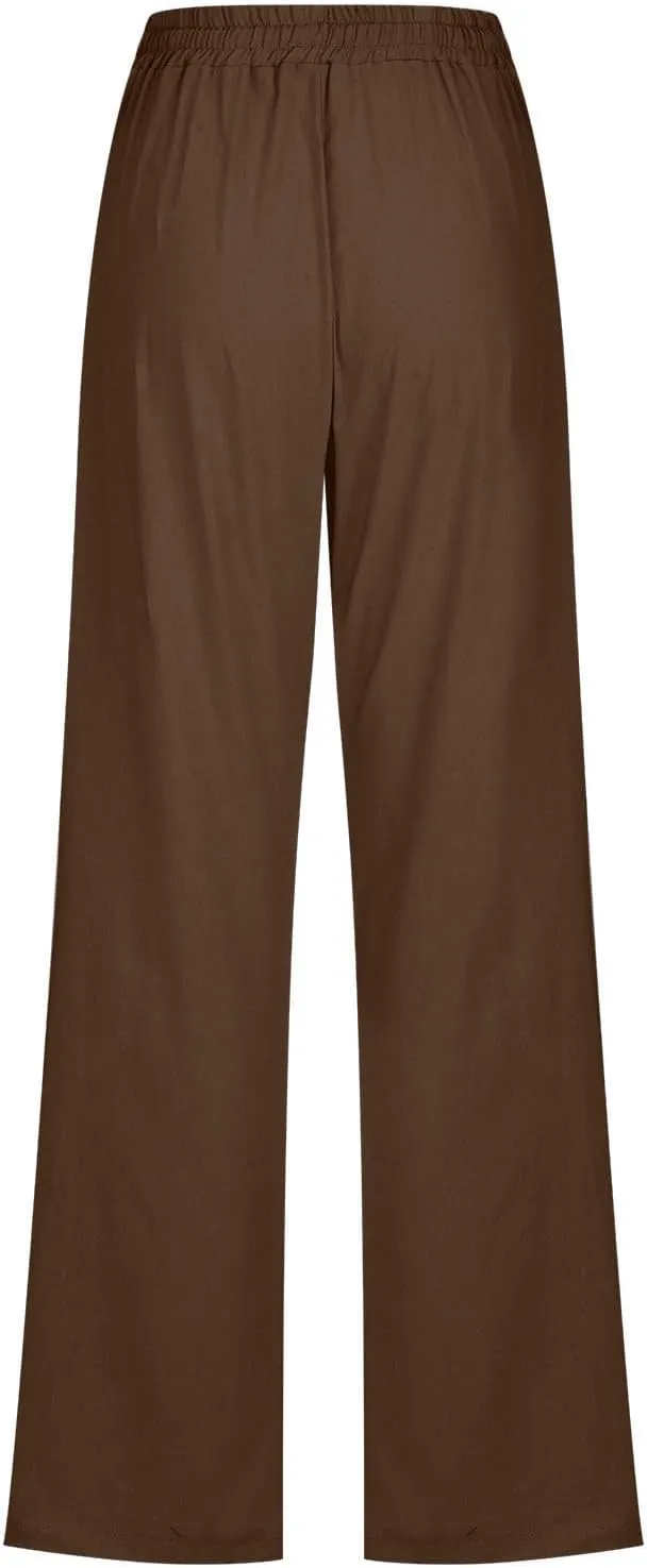 Lmdudan Cotton Linen Pants Women Summer Loose Straight Leg Pants Casual Drawstring Elastic Waist Beach Trousers with Pockets