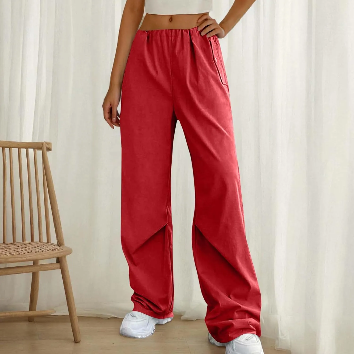 Lmdudan Cotton Linen Wide Leg Pants for Women 2025 Trendy Pants Elastic Waisted Straight Leg Joggers Trousers with Pockets
