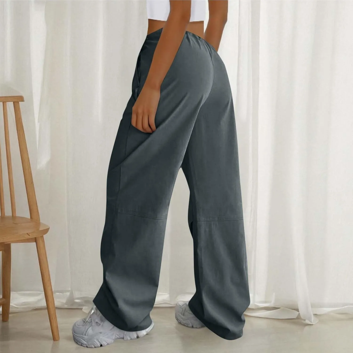 Lmdudan Cotton Linen Wide Leg Pants for Women 2025 Trendy Pants Elastic Waisted Straight Leg Joggers Trousers with Pockets