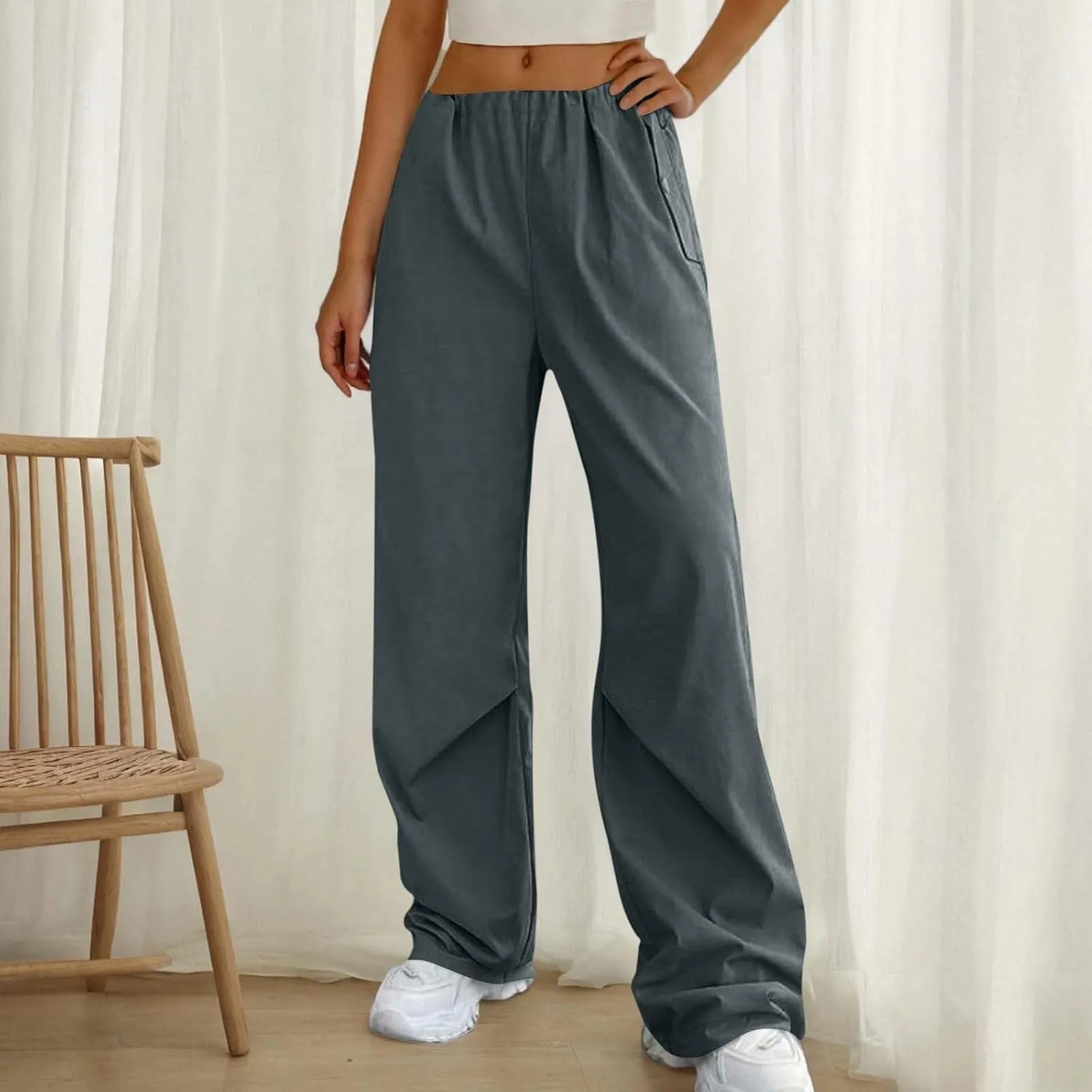 Lmdudan Cotton Linen Wide Leg Pants for Women 2025 Trendy Pants Elastic Waisted Straight Leg Joggers Trousers with Pockets