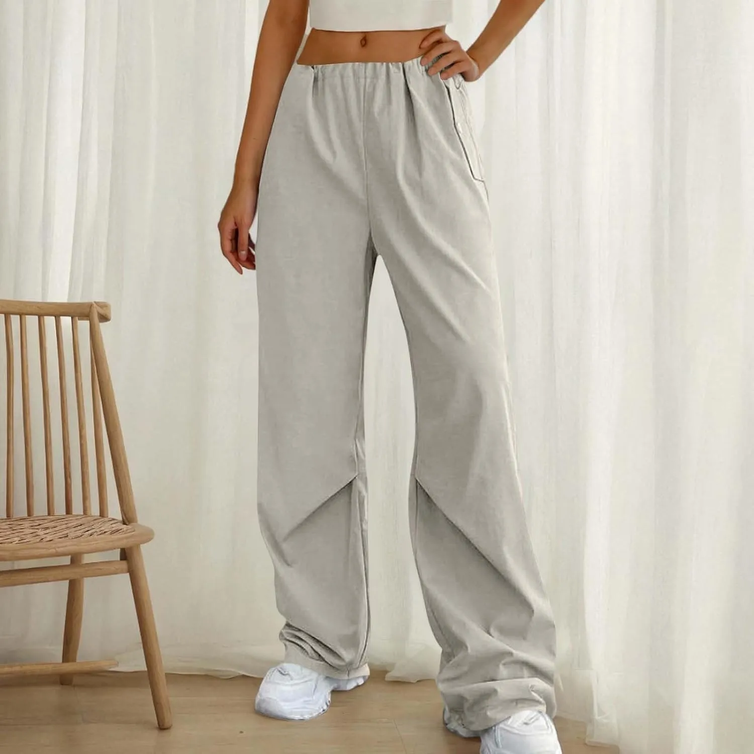 Lmdudan Cotton Linen Wide Leg Pants for Women 2025 Trendy Pants Elastic Waisted Straight Leg Joggers Trousers with Pockets