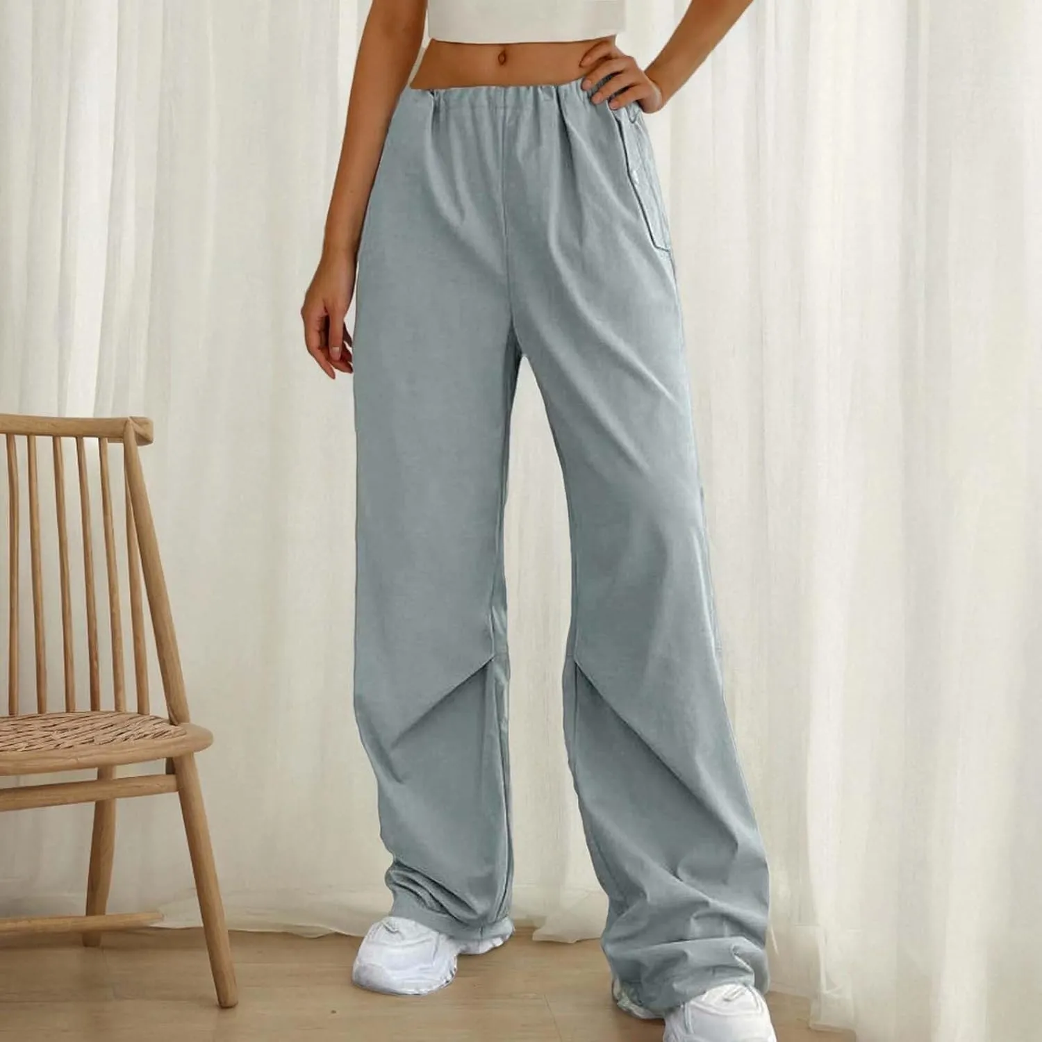 Lmdudan Cotton Linen Wide Leg Pants for Women 2025 Trendy Pants Elastic Waisted Straight Leg Joggers Trousers with Pockets