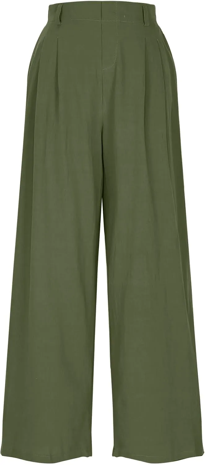 Lmdudan Cotton Linen Work Pants Women Business Casual Dressy Trousers Slacks Elastic High Waist Straight Leg Pant with Pocket
