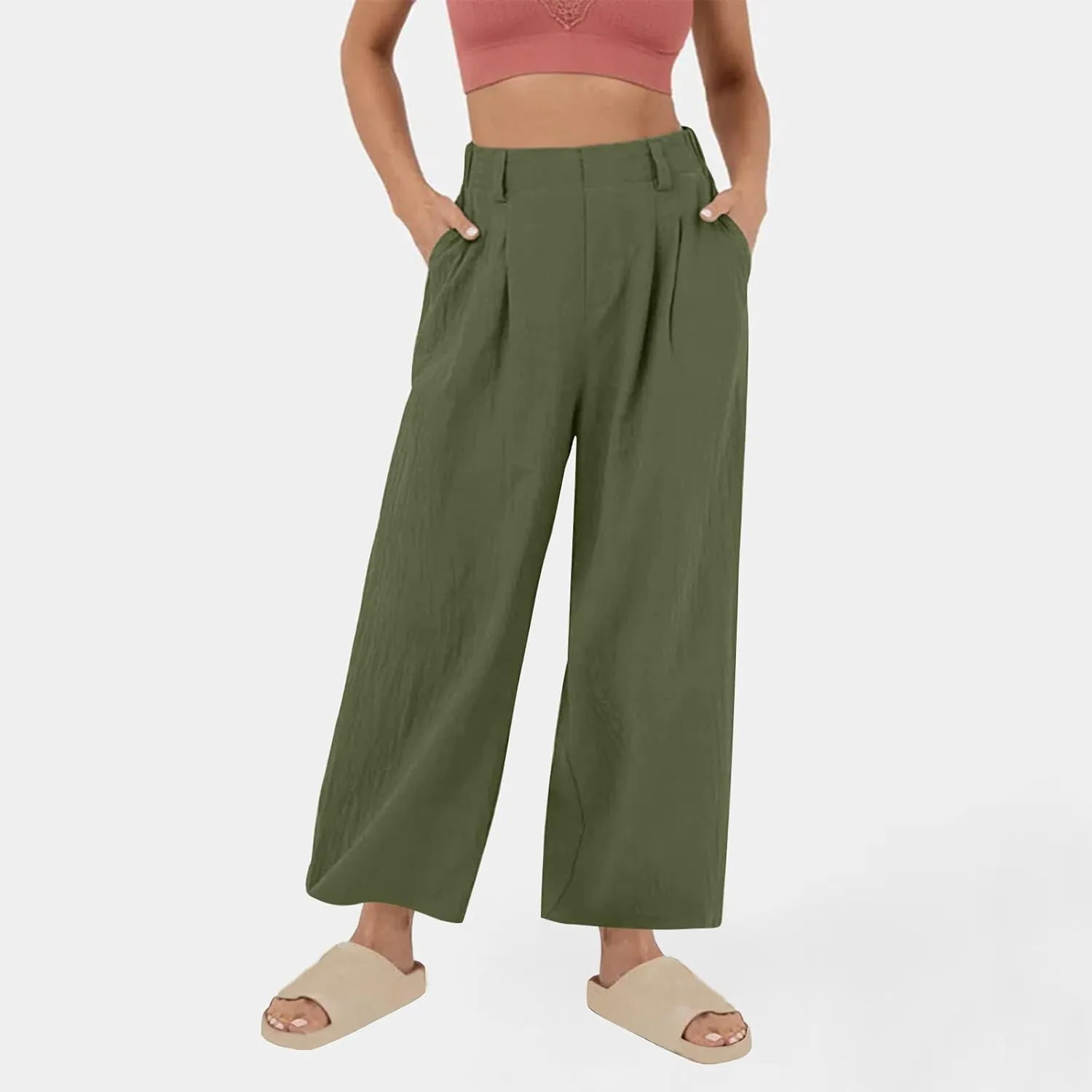 Lmdudan Cotton Linen Work Pants Women Business Casual Dressy Trousers Slacks Elastic High Waist Straight Leg Pant with Pocket