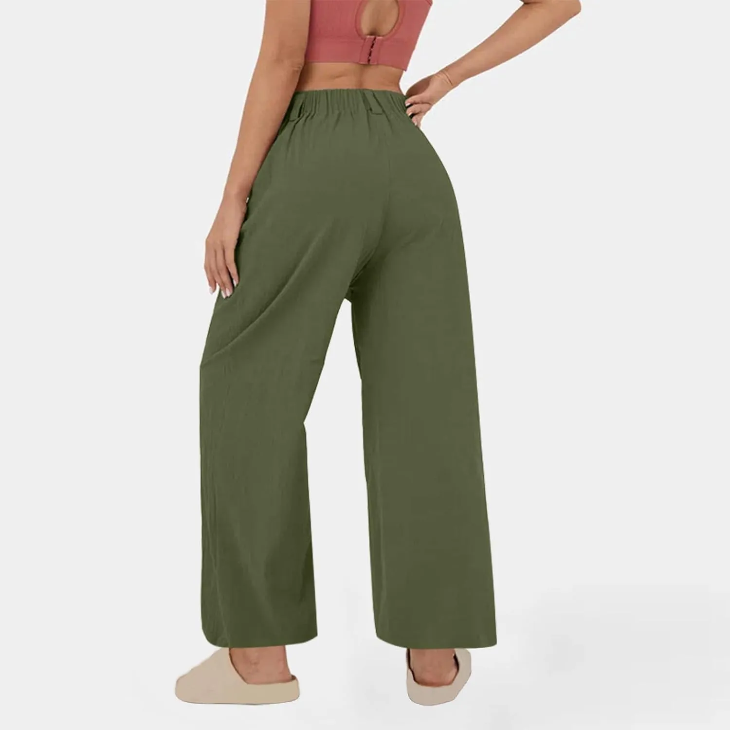 Lmdudan Cotton Linen Work Pants Women Business Casual Dressy Trousers Slacks Elastic High Waist Straight Leg Pant with Pocket