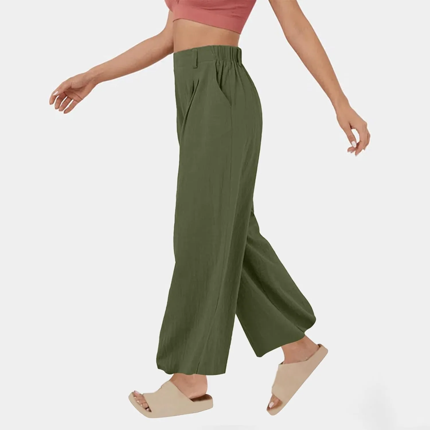 Lmdudan Cotton Linen Work Pants Women Business Casual Dressy Trousers Slacks Elastic High Waist Straight Leg Pant with Pocket