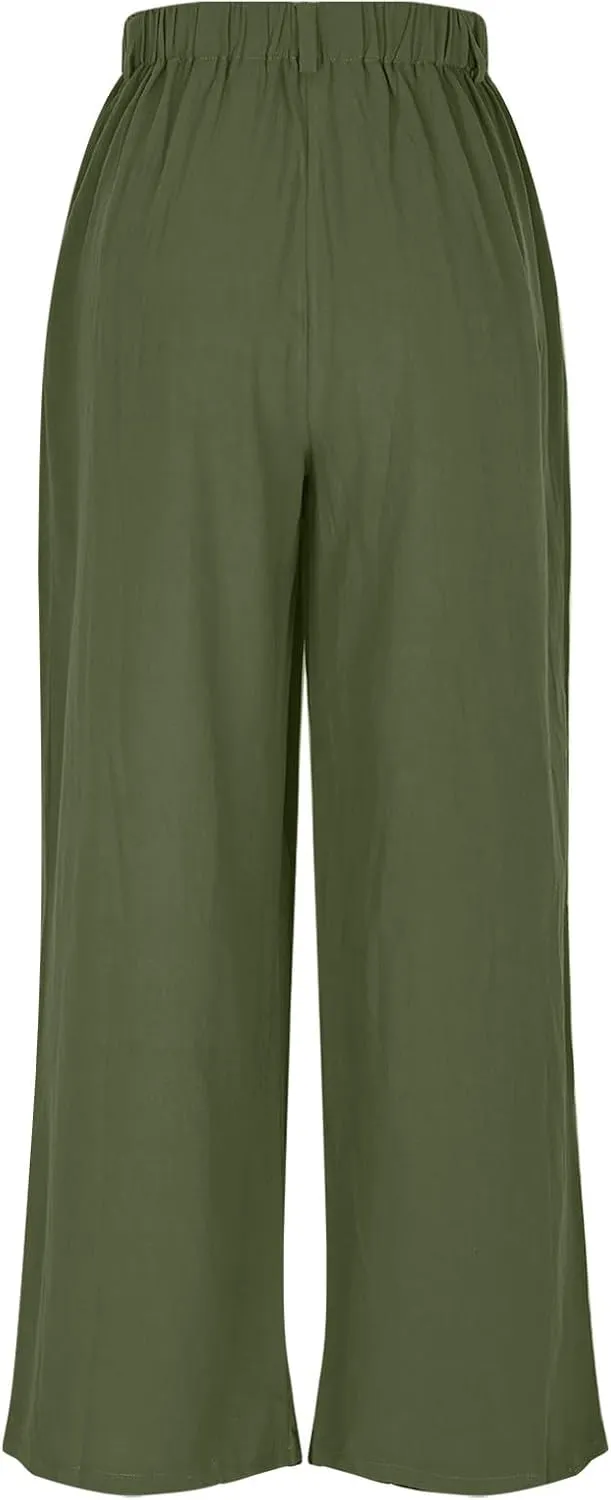 Lmdudan Cotton Linen Work Pants Women Business Casual Dressy Trousers Slacks Elastic High Waist Straight Leg Pant with Pocket