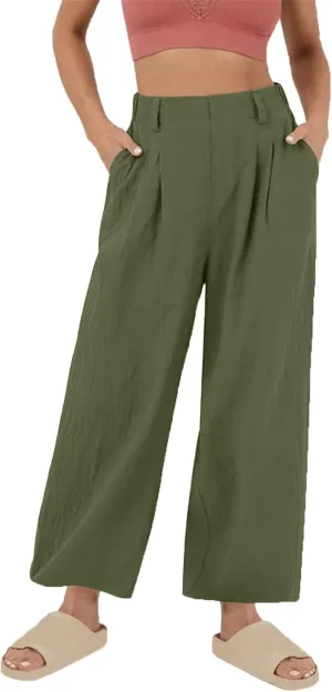 Lmdudan Cotton Linen Work Pants Women Business Casual Dressy Trousers Slacks Elastic High Waist Straight Leg Pant with Pocket