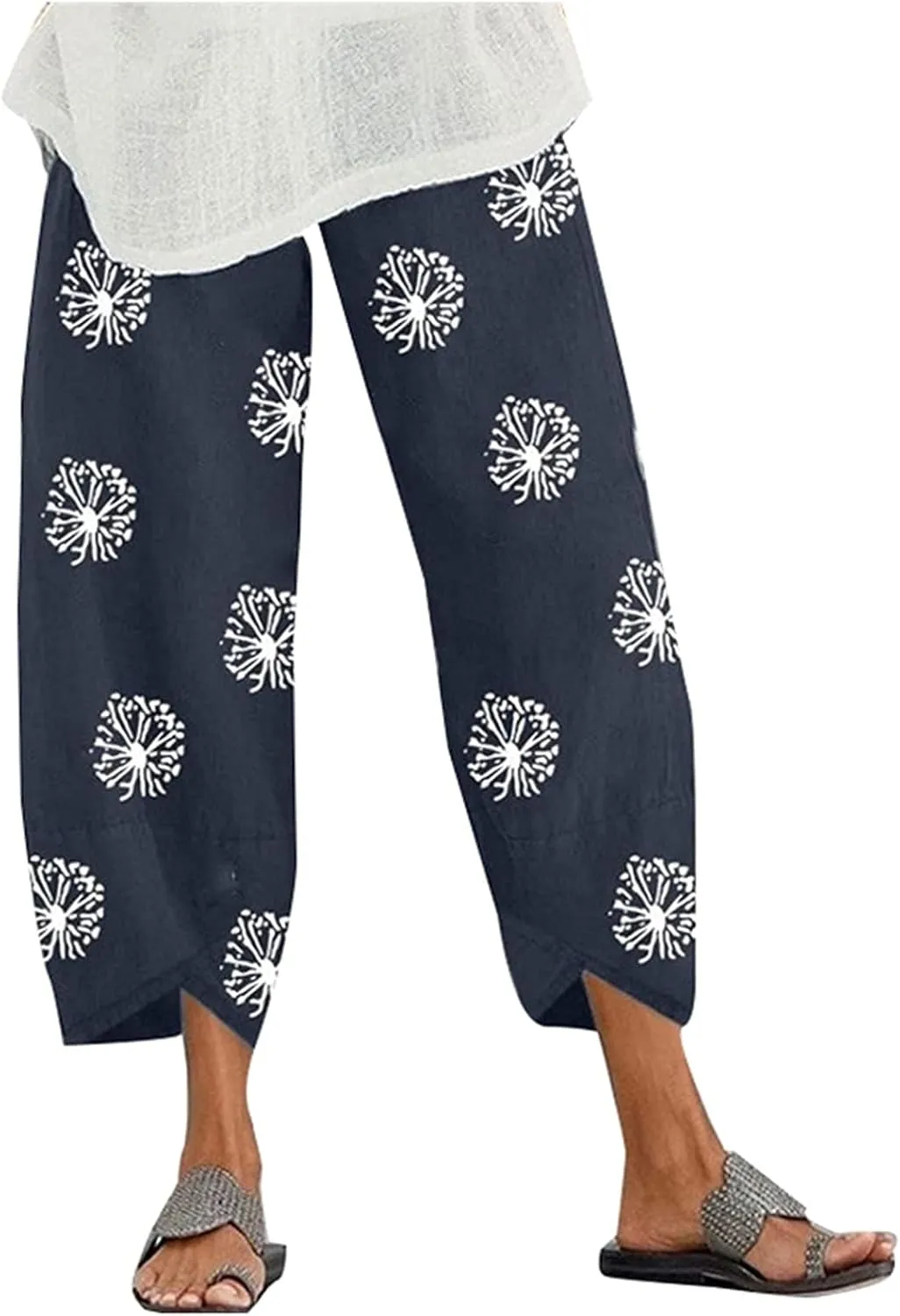LOAIH Linen Summer Pants for Women Casual Capri Pants Printed Cropped Comfy Baggy Trousers with Pockets
