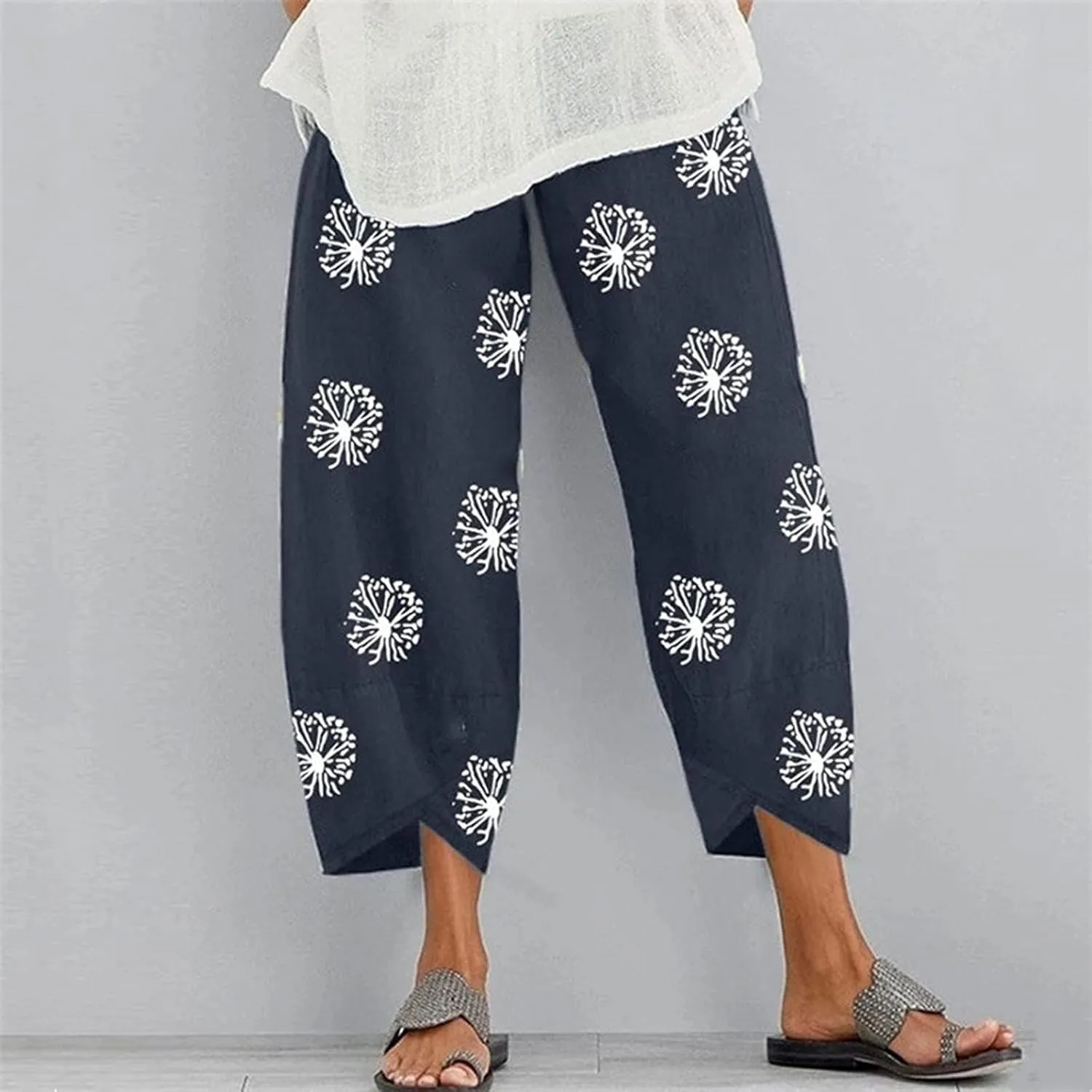 LOAIH Linen Summer Pants for Women Casual Capri Pants Printed Cropped Comfy Baggy Trousers with Pockets
