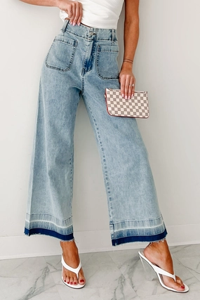 Lola Dyed Hem Wide Leg Crop Jeans (Denim) Casual Flex TaglessComfort
