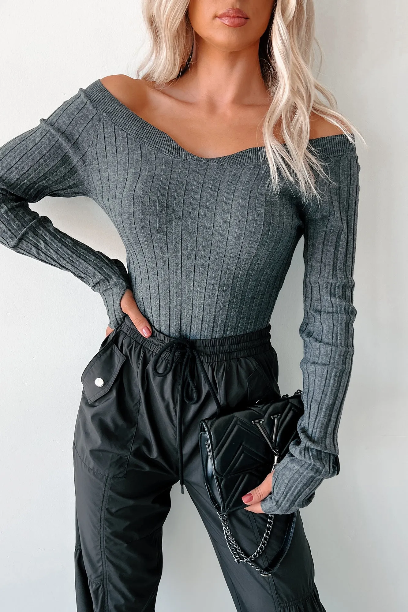 Bonded Seam Technique Garment Washed Softness London Landscape Off Shoulder Bodysuit (Charcoal)