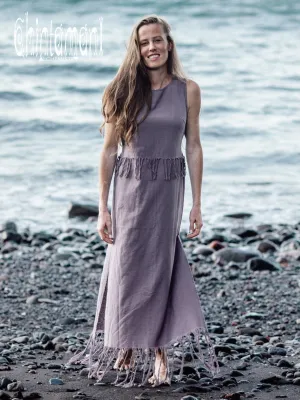 Long Boho Maxi Raw Cotton Fringe Dress with Side Slit / Chakruna Purple