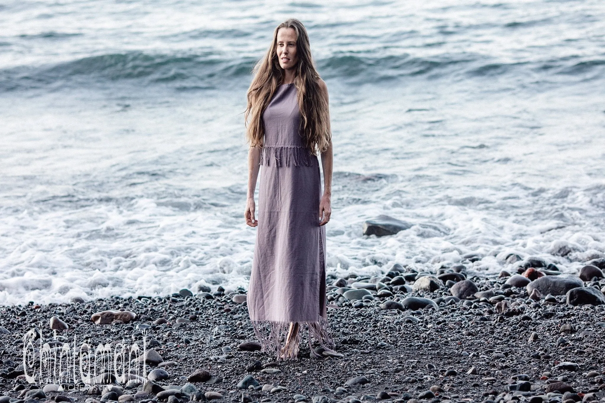Long Boho Maxi Raw Cotton Fringe Dress with Side Slit / Chakruna Purple
