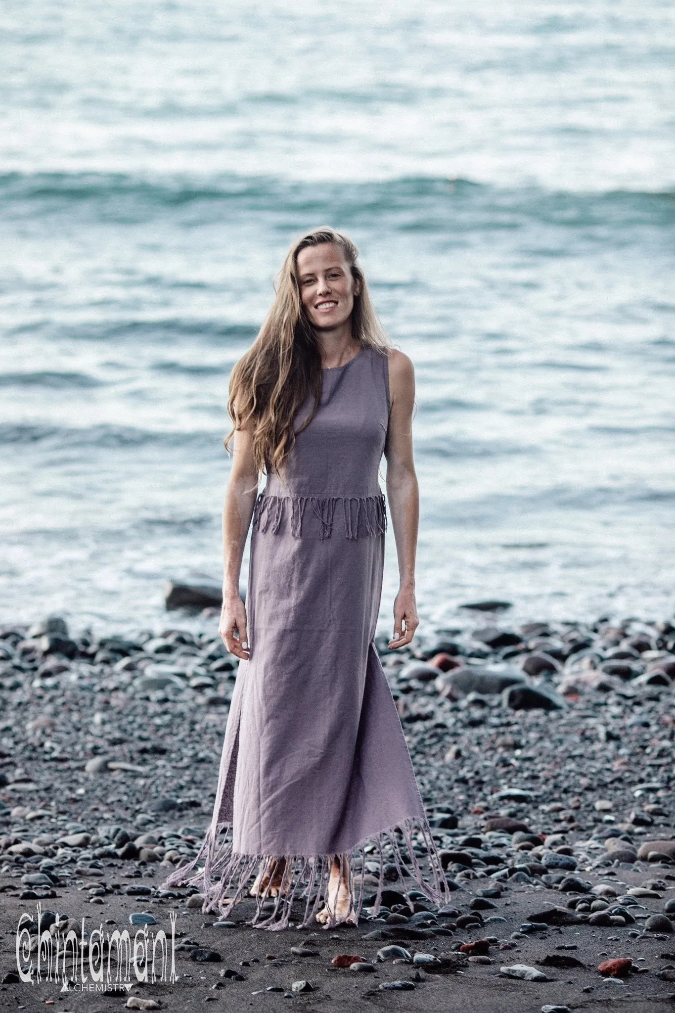 Long Boho Maxi Raw Cotton Fringe Dress with Side Slit / Chakruna Purple