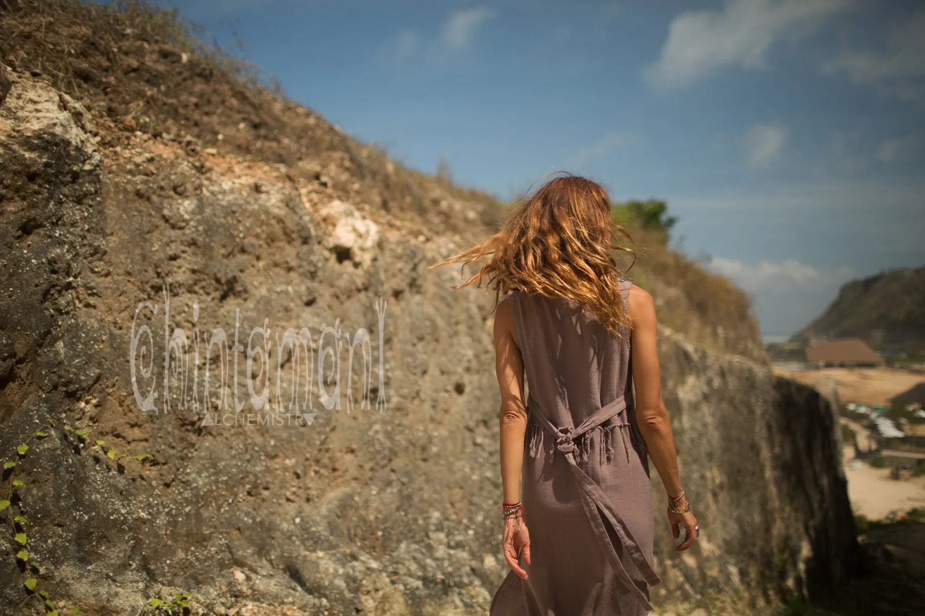 Long Boho Maxi Raw Cotton Fringe Dress with Side Slit / Chakruna Purple
