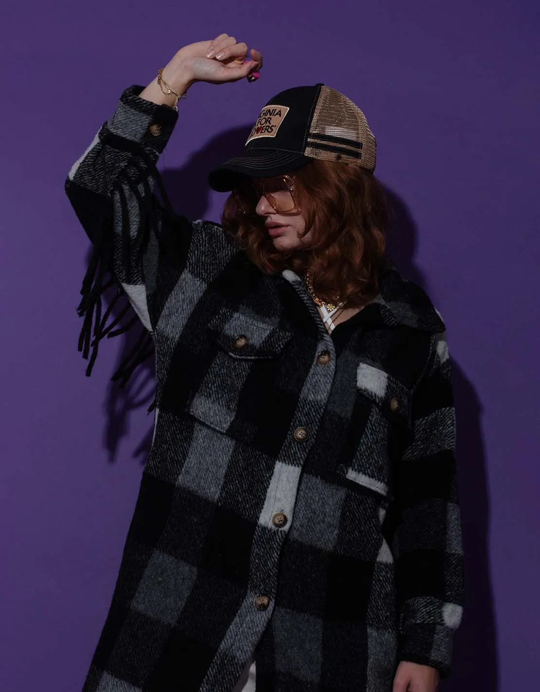 Long checkered fringe jacket