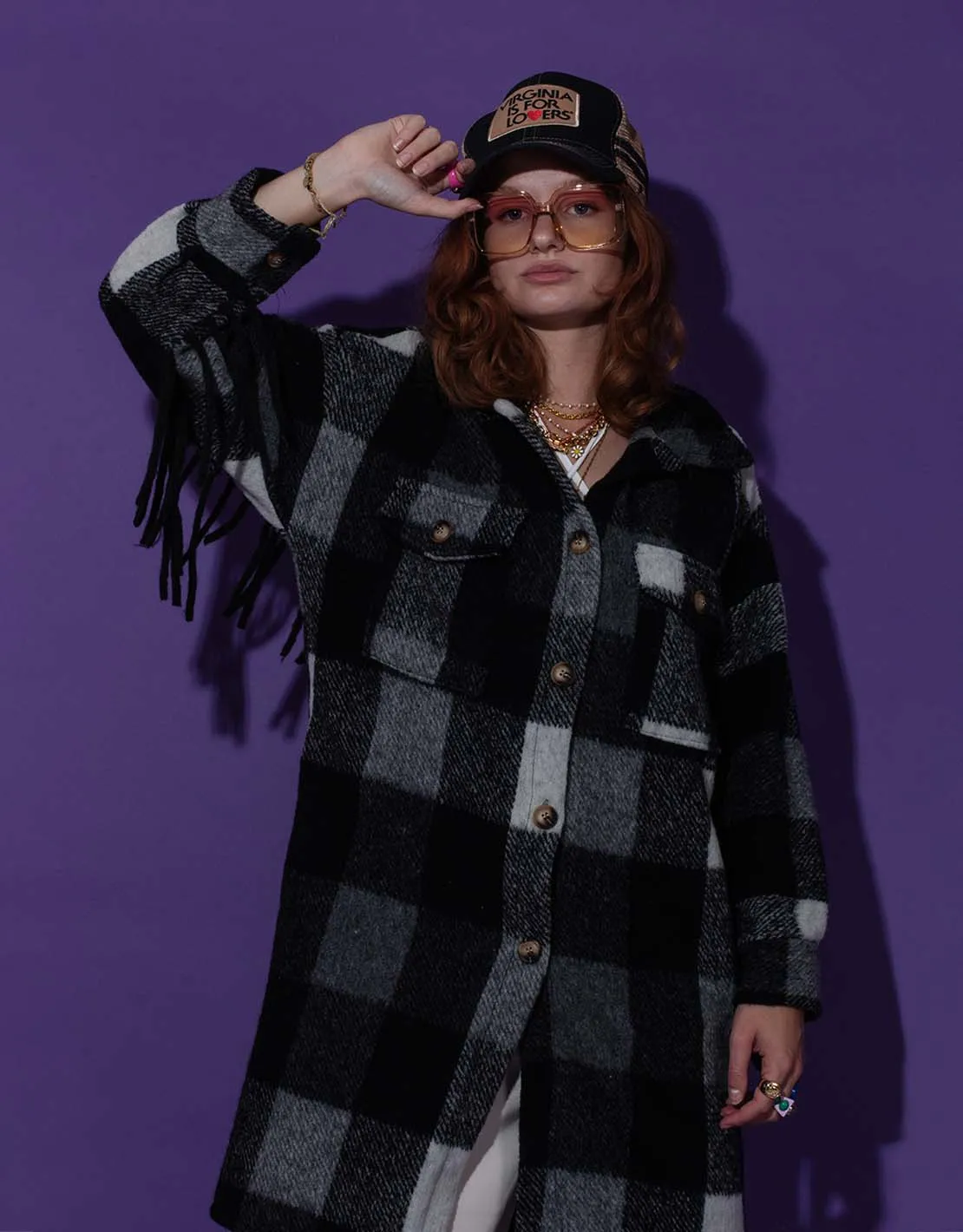Long checkered fringe jacket