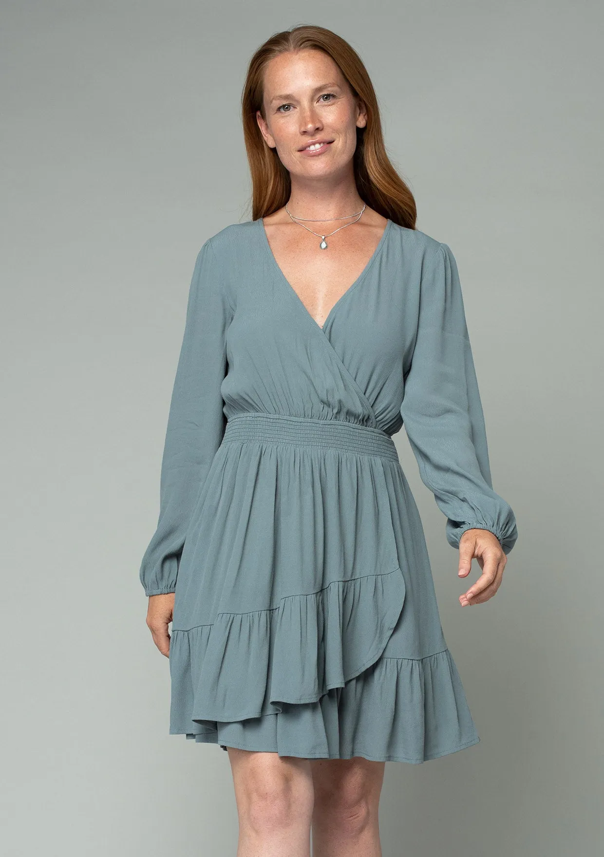 Long Sleeve Smocked Surplice Ruffled Mini Dress