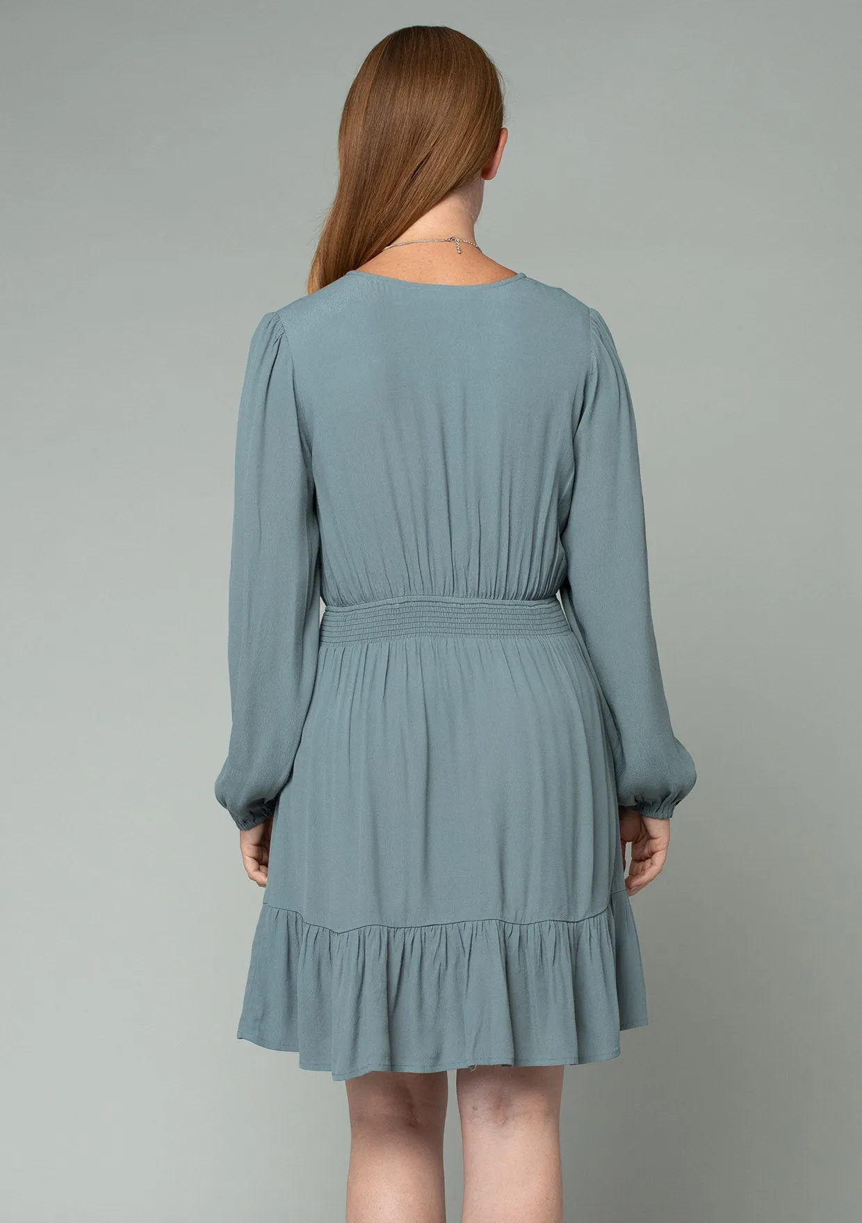 Long Sleeve Smocked Surplice Ruffled Mini Dress
