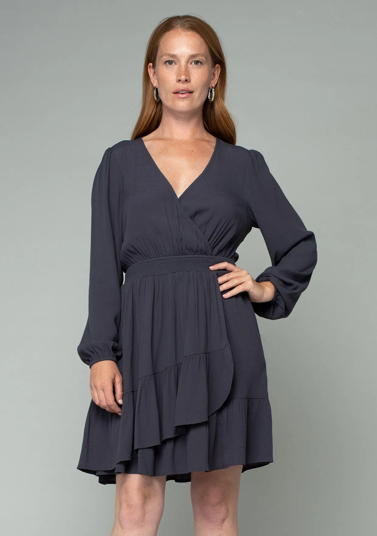 Long Sleeve Smocked Surplice Ruffled Mini Dress
