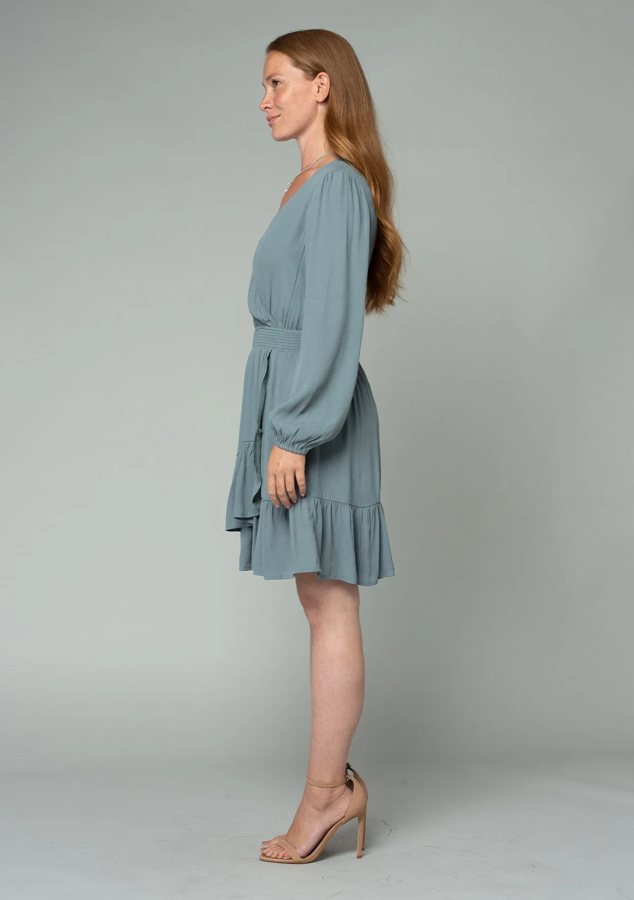 Long Sleeve Smocked Surplice Ruffled Mini Dress