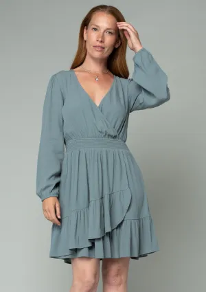 Long Sleeve Smocked Surplice Ruffled Mini Dress