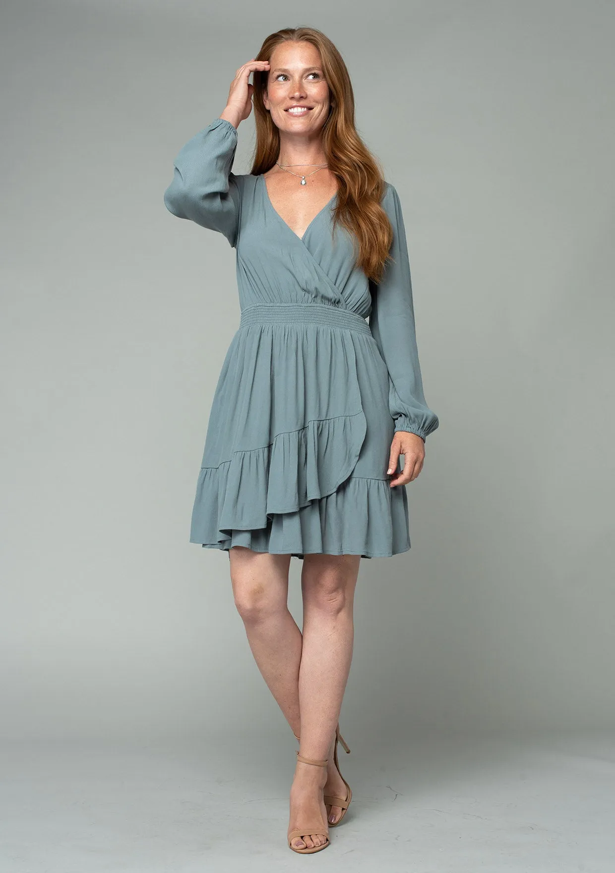 Long Sleeve Smocked Surplice Ruffled Mini Dress