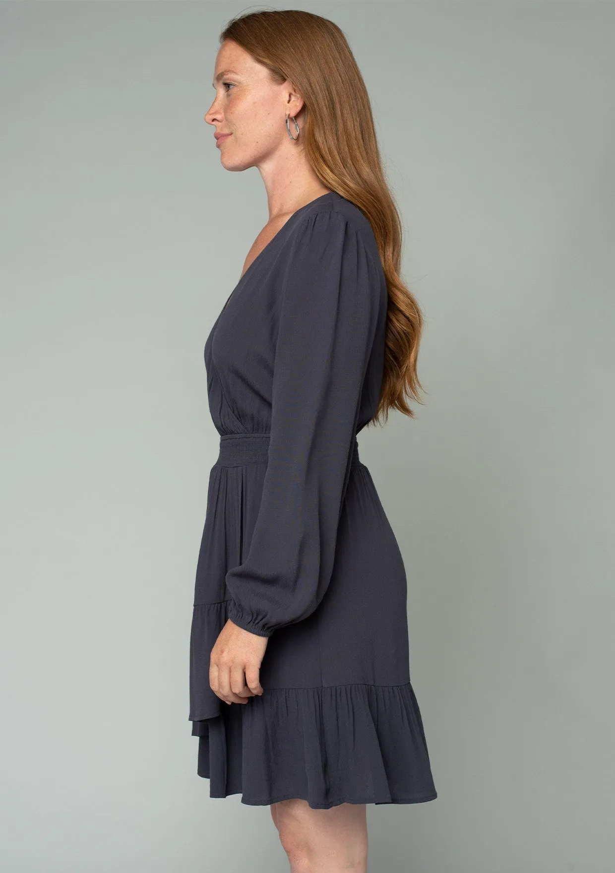 Long Sleeve Smocked Surplice Ruffled Mini Dress