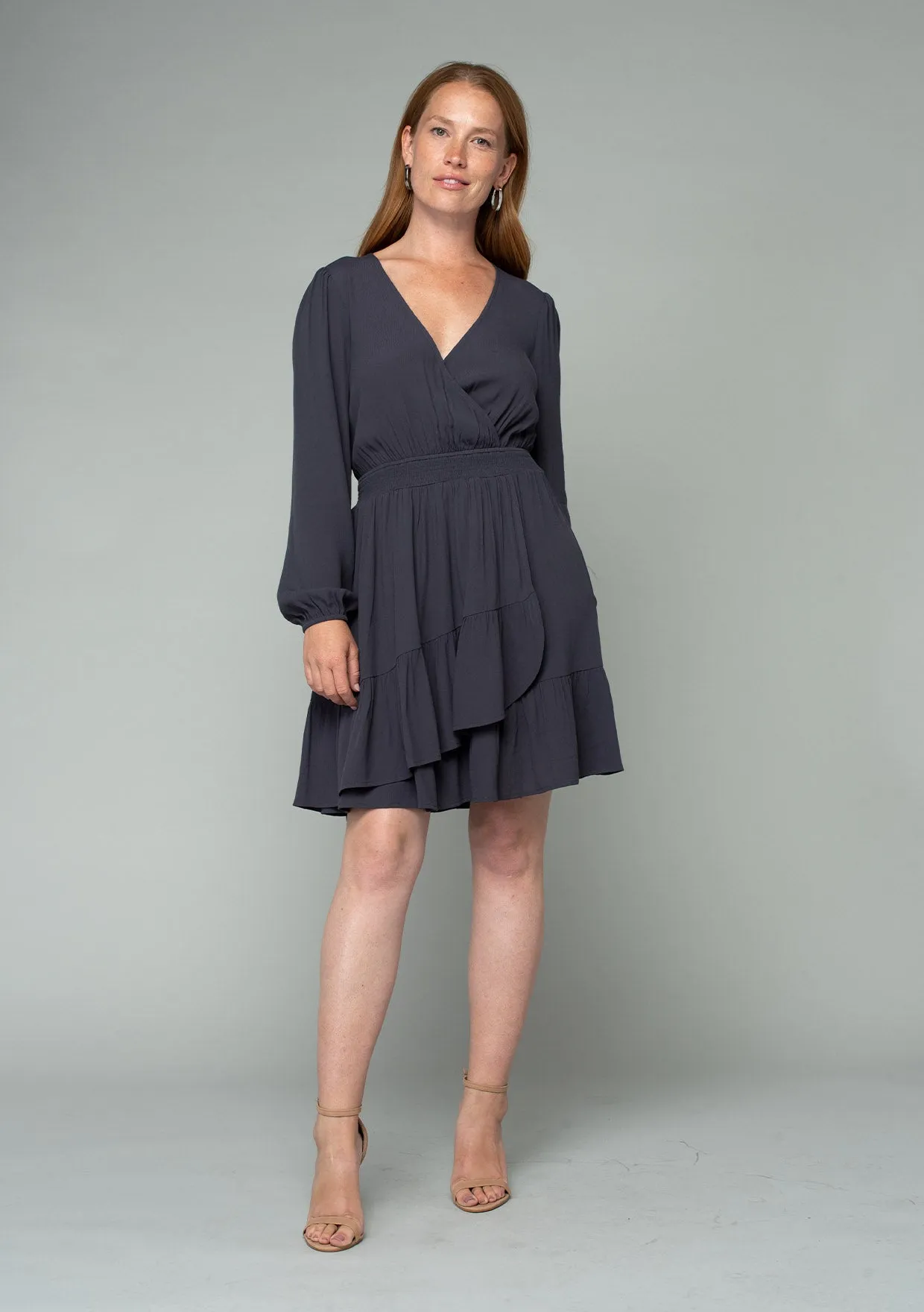 Long Sleeve Smocked Surplice Ruffled Mini Dress