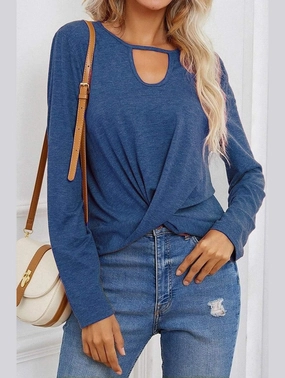 Long Sleeve Key Hole Neck Twisted Hem Casual Top DurableWeave EcoDyeProcess