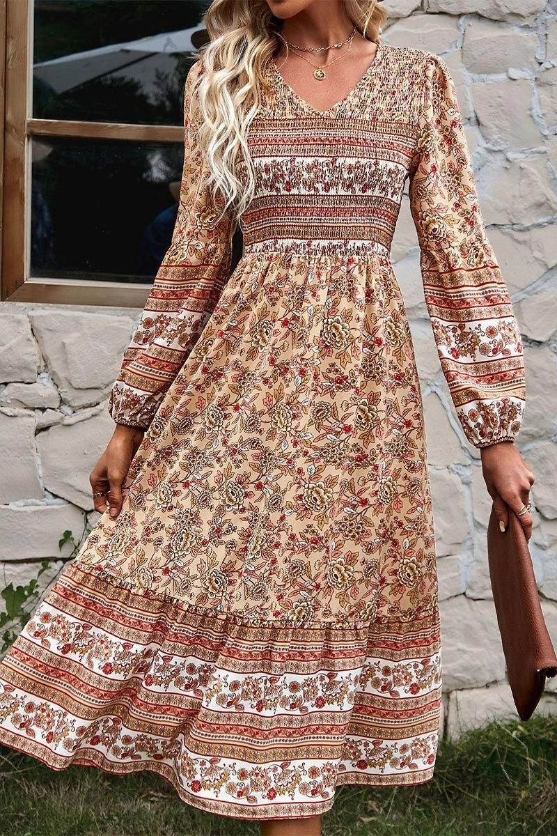 LONG SLEEVE SMOKED BOHEMIAN FLARE DRESS Natural Flow All Occasion