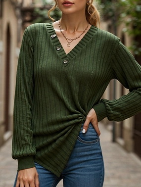 LONG SLEEVE SOLID COLOR SWEATER V-NECK TEXTURE Anti Static Weave Technology AntiPill Finish