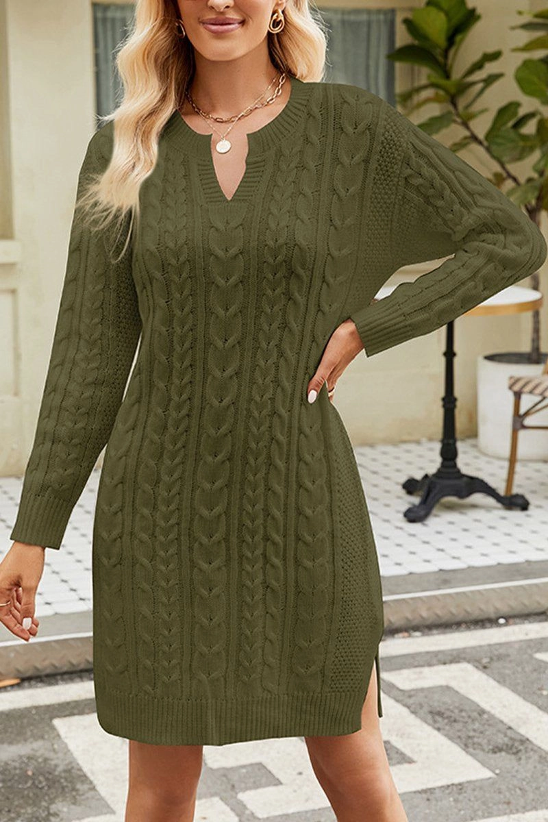 LONG SLEEVE V NECK TWO SIDE SLIT SWEATER DRESS Brunch Tone Rural Charm
