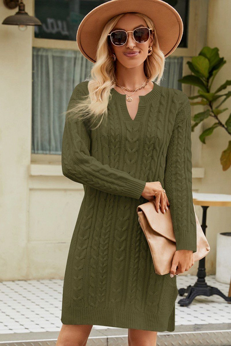 Airy Base Relaxed fit wear LONG SLEEVE V NECK TWO SIDE SLIT SWEATER DRESS