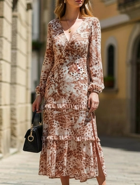 Long-sleeved V-neck slit printed dress Contrast-Piping ruffle trim