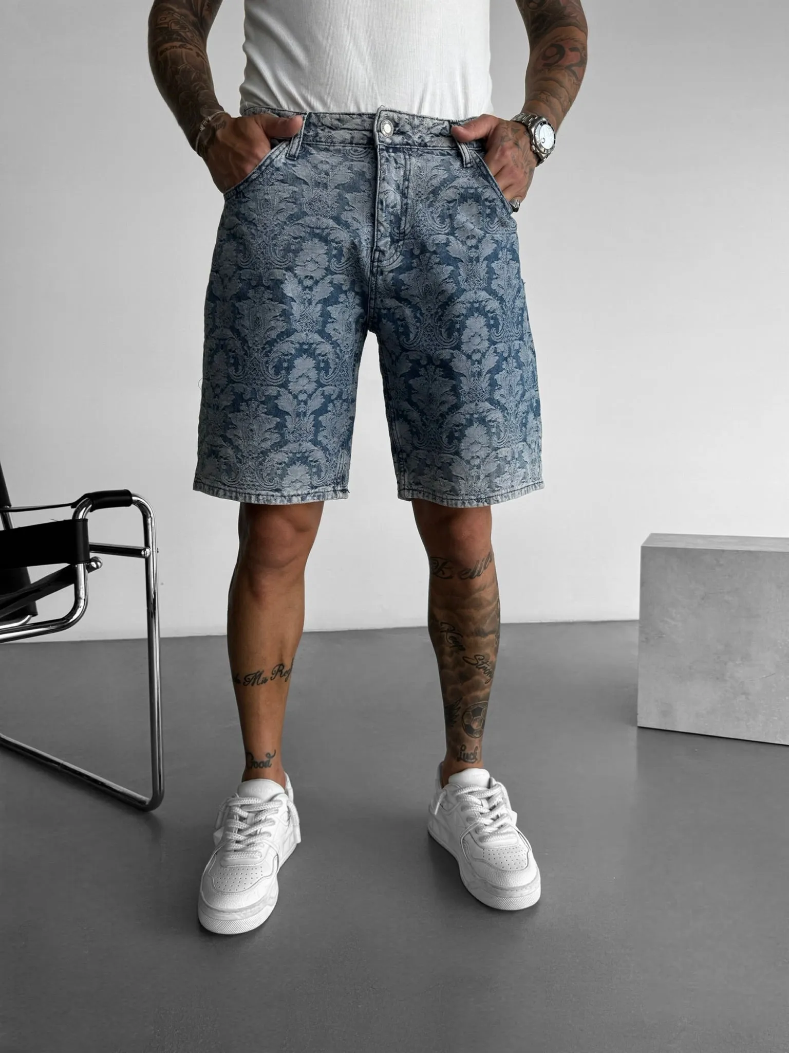 Loose Fit Damask Shorts - Blue