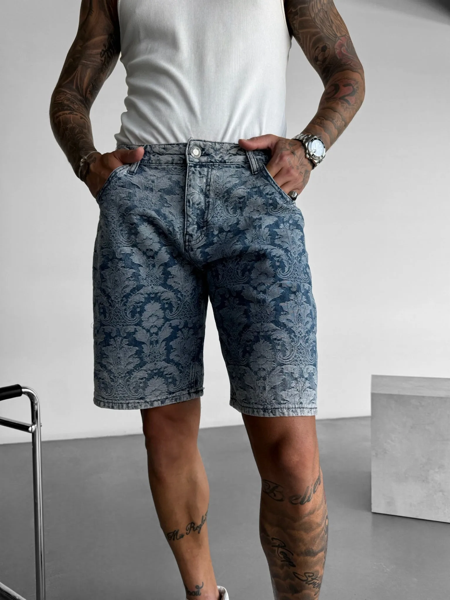 Loose Fit Damask Shorts - Blue