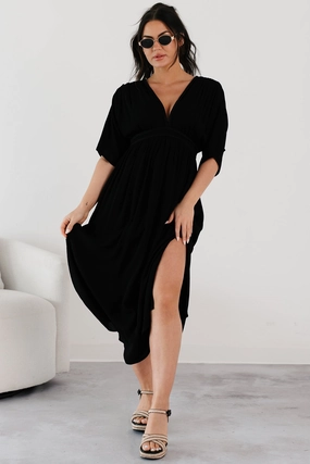 Breathable Style PlushLining Loose and Free V Neck Maxi Dress (Black)