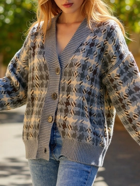NonChafingTrim Loose button plaid color-blocking cardigan