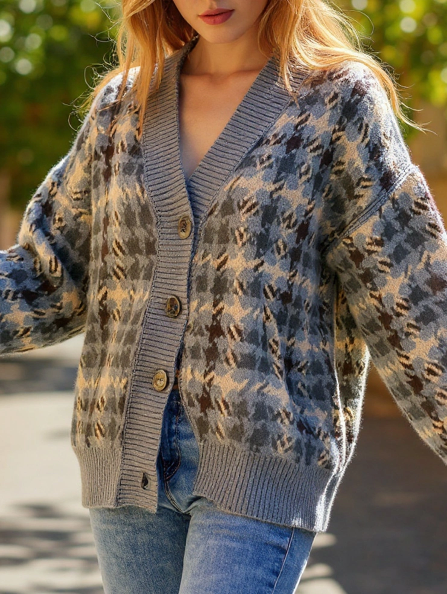 Loose button plaid color-blocking cardigan Midweight Four Way Stretch Layered Ventilation Zones