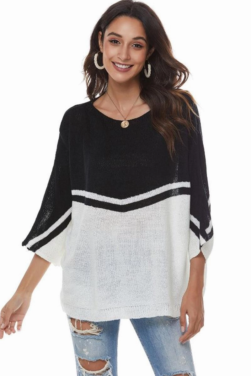 BrushedInnerLining LOOSE FIT BATWING SLEEVE COLOR BLOCK KNIT SWEATER