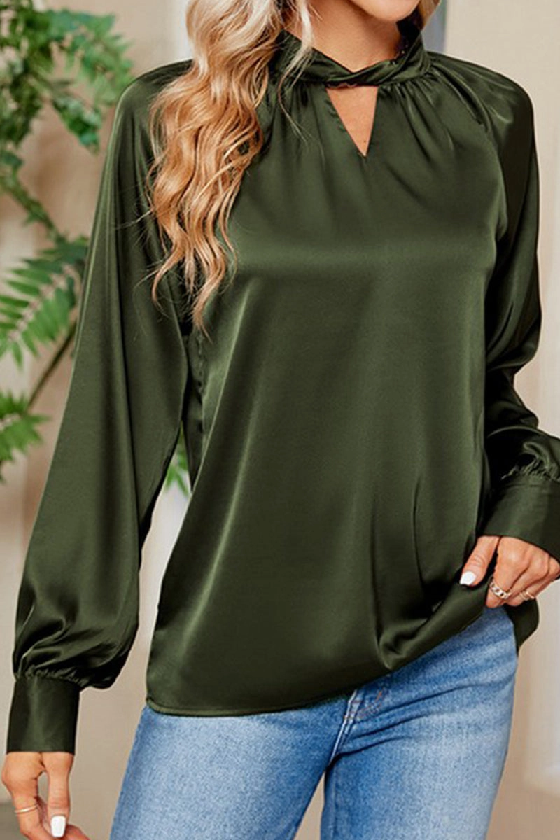 OrganicCottonBlend LOOSE FIT KEYHOLE NECK BUTTON CUFF GLOSSY BLOUSE