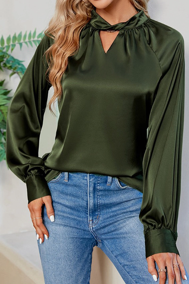 Durable Binding Ultraviolet Protection Fabric LOOSE FIT KEYHOLE NECK BUTTON CUFF GLOSSY BLOUSE