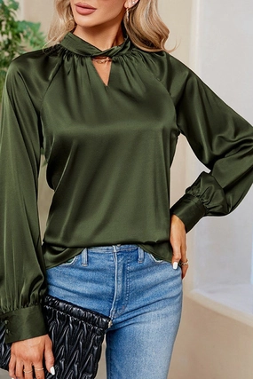 Recycled Material Blend AdjustableDrawstring LOOSE FIT KEYHOLE NECK BUTTON CUFF GLOSSY BLOUSE