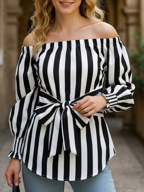Loose off-the-shoulder asymmetrical striped shirt Light Reflective Printing