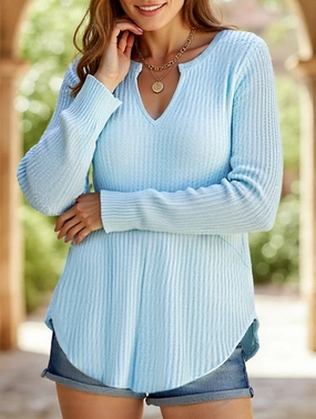 Double Stitched Hem Loose solid color V-neck curved sweater