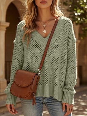Loose V-neck sweater for women to hide fat Earthy Tone Colorways SmoothZipper