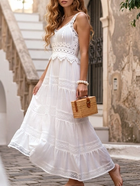 Smocked-Detail Elegant Lace High-Waist Cami Dress ??Sophisticated Work & Commuting Dress